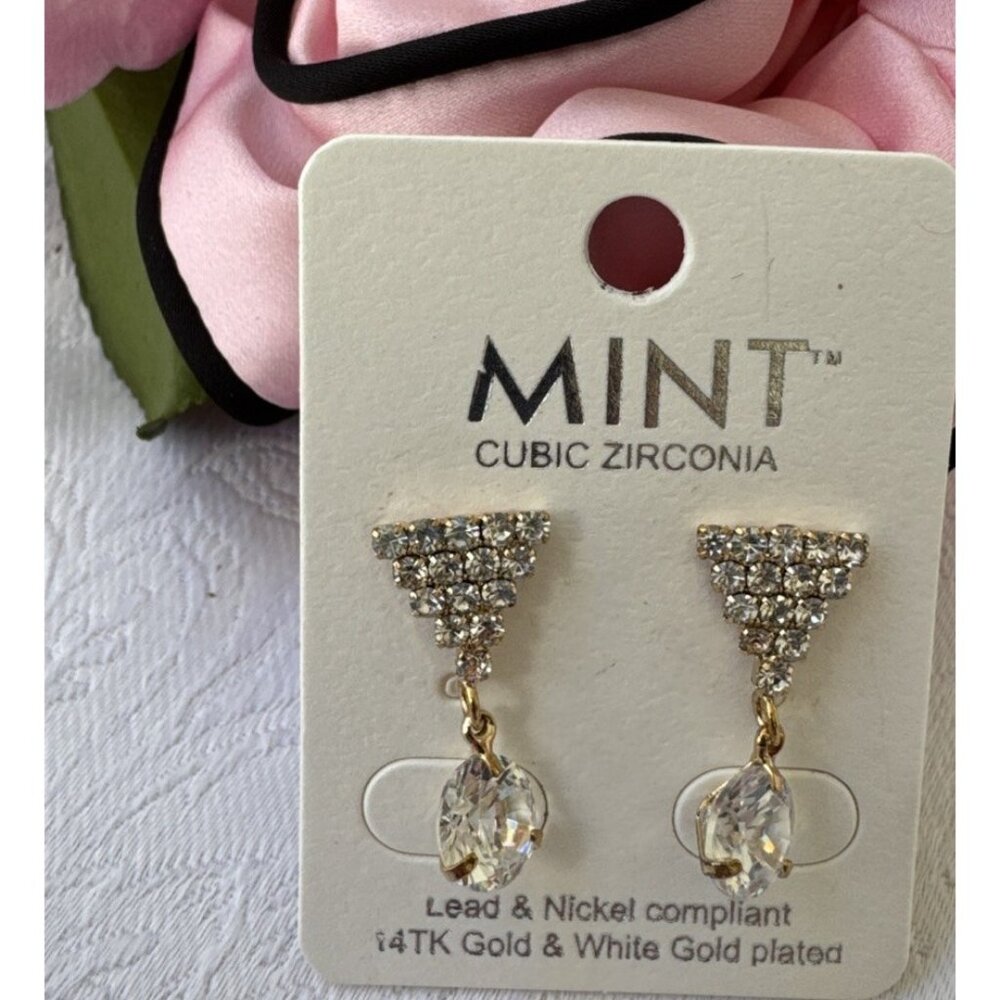 Mint Lead Nickel Free 14K Gold & White Gold CZ Earrings Triange Drop NEW